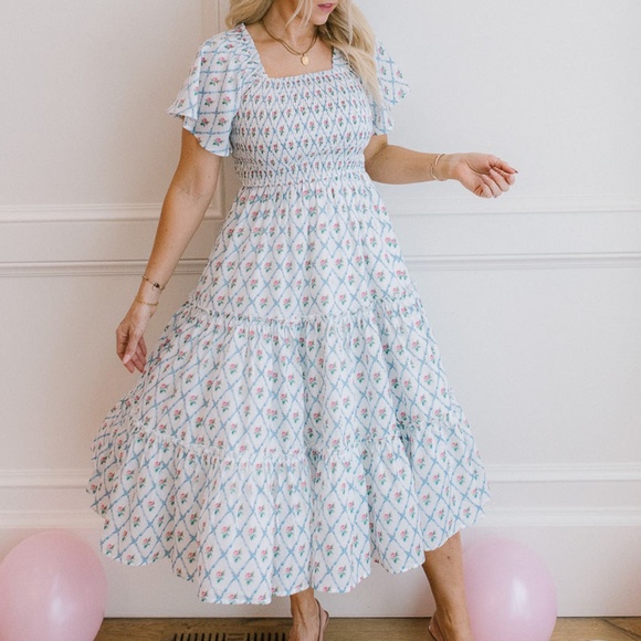 White Smocked Floral Dress – Tiered, Flutter Sleeves - Picture 1 of 9